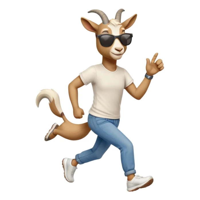 friendly anthropomorphised goat in jeans and a t-shirt, wearing dark sunglasses, jogging upright in relaxed pose sticker