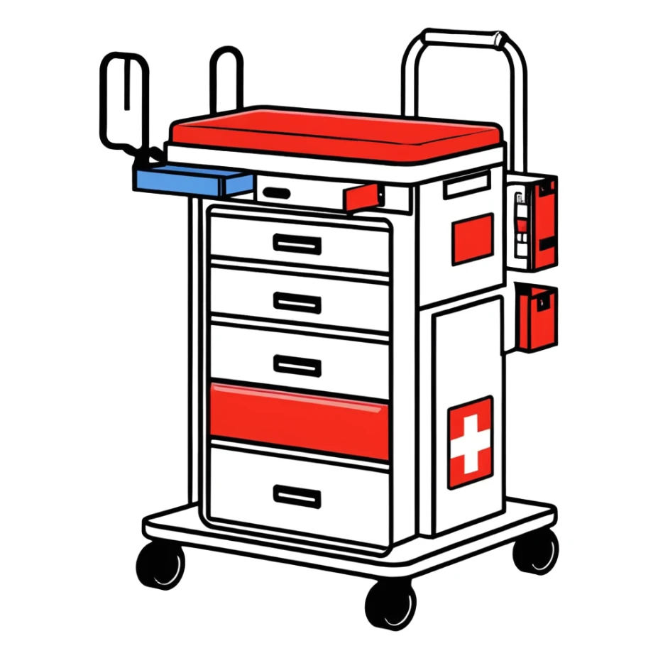 Singular Red medical crash cart is a mobile, multi-drawer unit designed to store and organize emergency medical supplies and equipment and a cardiac defibrillator on top sticker