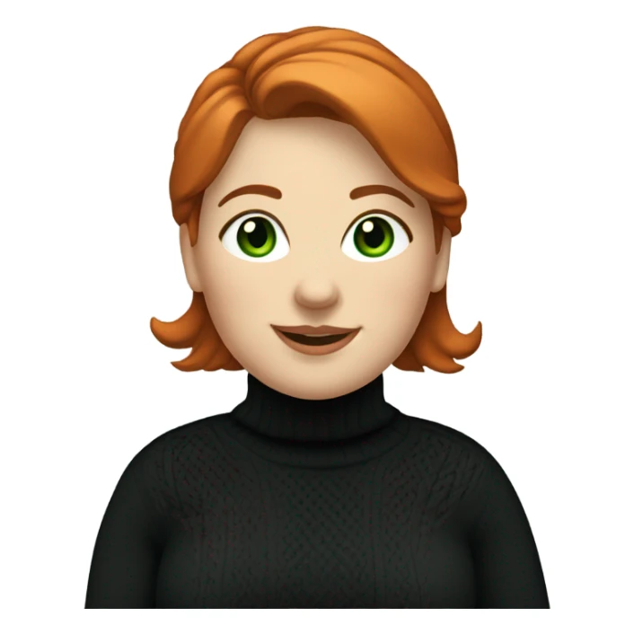smiling red haired chubby female with green eyes dressed in white turtleneck and black sweater sticker