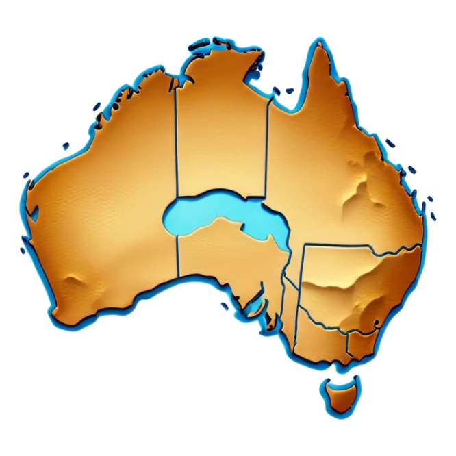 Cinematic-realistic outline of Australia, featuring its distinct landmass with accurately defined coastlines. The deep blue ocean surrounds the golden-brown continent, with subtle topographic shading to highlight its terrain. A soft glowing effect enhances the edges, making the shape stand out against a neutral, textured background. sticker