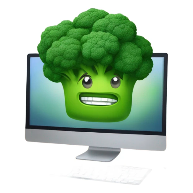 Generate a creative broccoli emoji sitting in front of a computer with a stylus, designing something on a screen. sticker