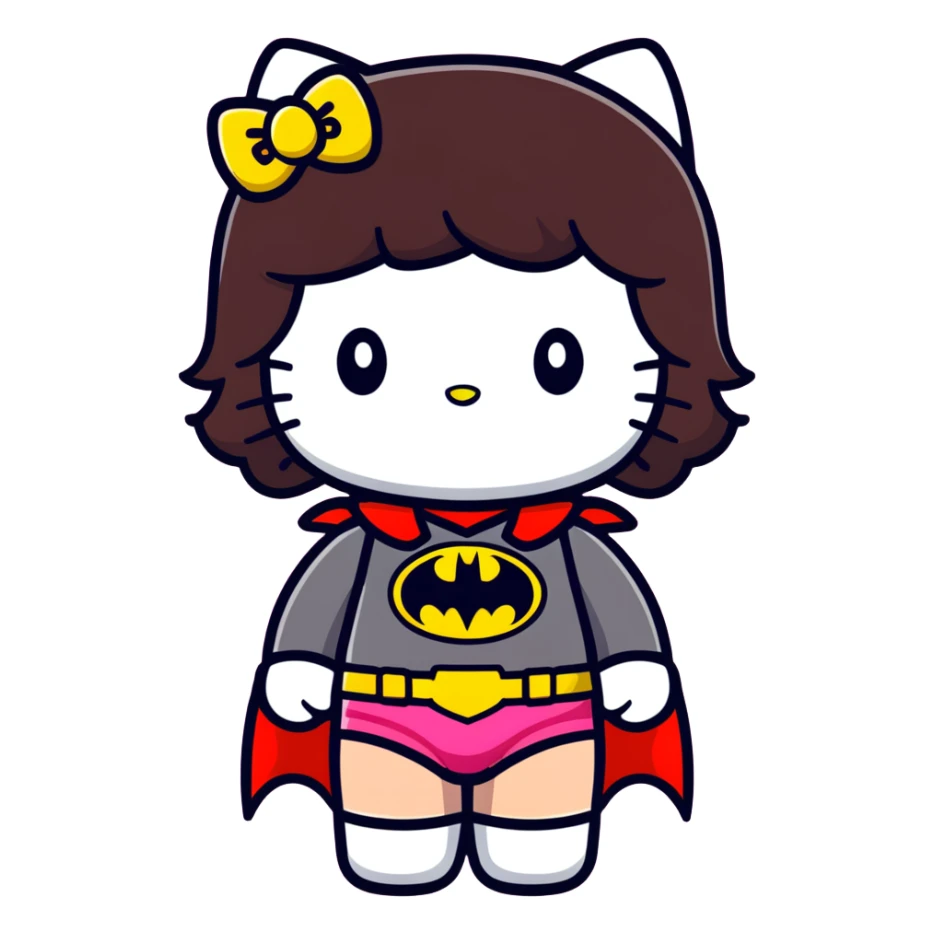 Strawberry hello kitty girl with dark brown hair dressed as Batman  sticker