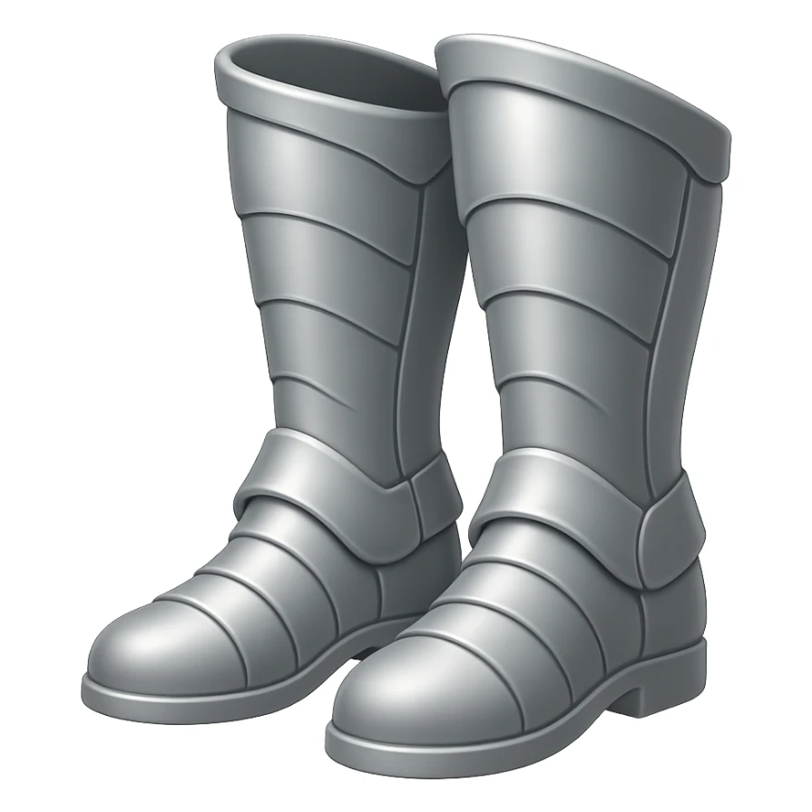 Create matching silver plate boots in the same style as the platebody and platelegs shown in the references. Use the very light silver color of the platelegs. Remove all gold and gems from the boots. The style should match the emoji style with a transparent background. sticker