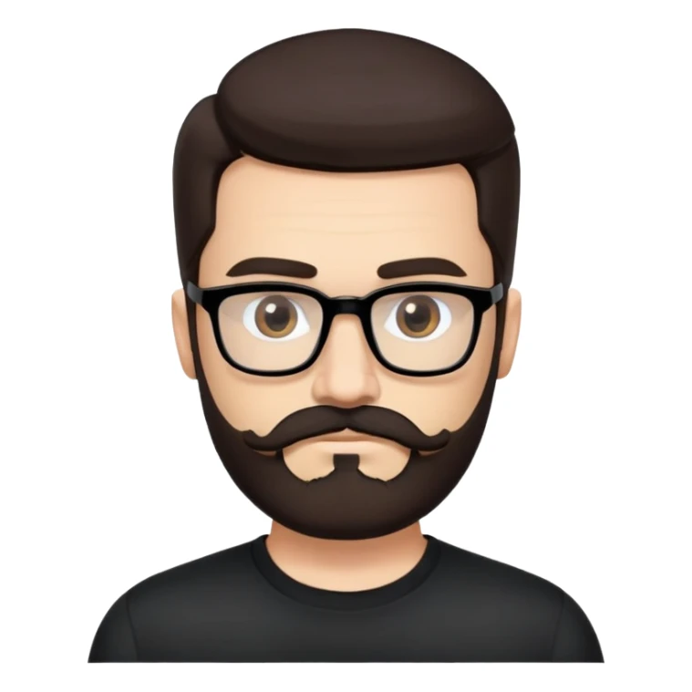 Caucasian male, medium-length straight dark brown hair combed back, thick dark eyebrows, rectangular black eyeglasses, full beard and mustache neatly groomed, neutral facial expression, wearing a black crew neck shirt. sticker