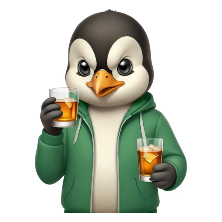 head and shoulders portrait of a friendly anthropomorphised penguin wearing a green mafia-style tracksuit, angry confident scheming expression, holding a glass of whiskey sticker