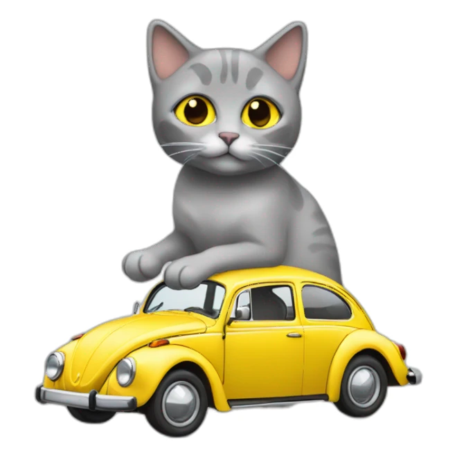 Grey cat sitting on yellow volkswagen beetle sticker