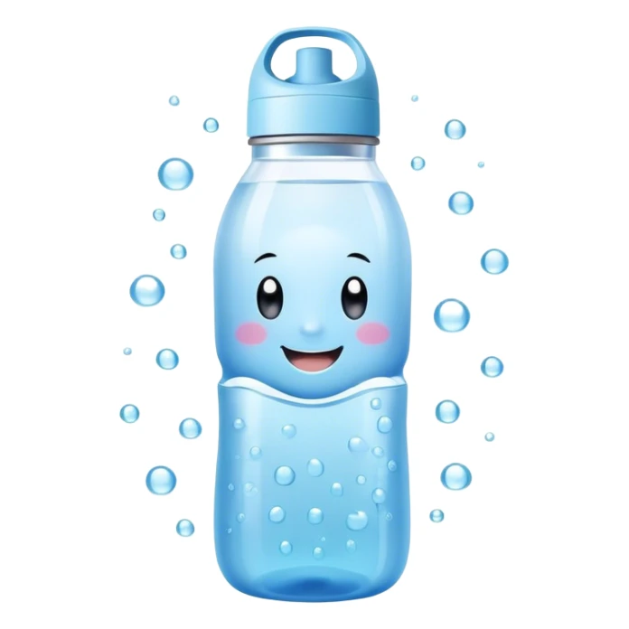 Cute Kawaii Water Bottle, round and bubbly, soft blue with tiny water droplets around, a happy smiling face, gentle glowing highlights, fresh and refreshing vibes! sticker