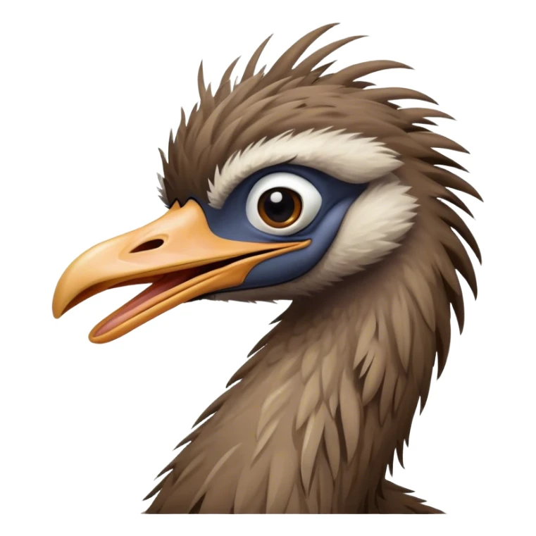 Cinematic Cute Yawning Emu Portrait Emoji, Head tilted slightly with a dramatic, wide-open yawn, showcasing a soft, downy brown plumage with gently drooping feathers and eyes barely open in drowsy contentment, Simplified yet irresistibly adorable features, highly detailed, glowing with a soft, cozy glow, high shine, relaxed yet expressive, stylized with a touch of outback charm, bright and endearing, soft glowing outline, capturing the essence of a sleepy yet affectionate emu, so drowsy it feels like it could stretch out of the screen and curl up for a nap! sticker