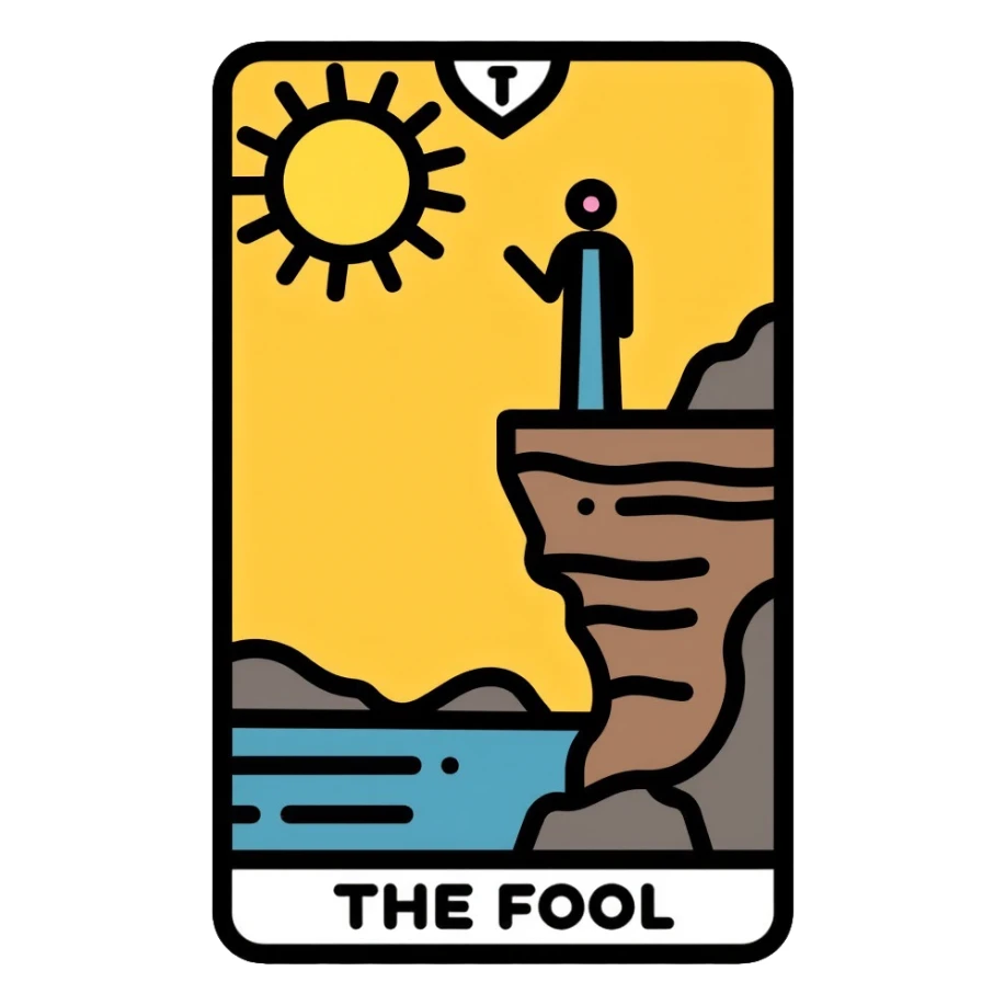 The Fool tarot card with sun in corner and figure near cliff sticker