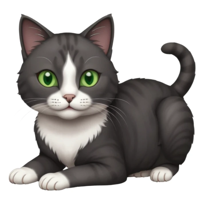 beautiful female solid dark grey cat with green eyes, white toes/paws and white patch on her chest rolling over sticker