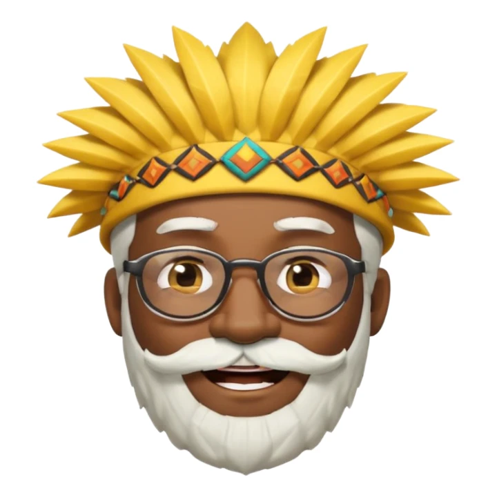 50 year old man, spiky hair, winking one eye, smiling brightly, black skin, raised eyebrows, wearing glasses, white hair and beard, wearing a yellow hat like a tribal chief, emoji style, style 3 sticker