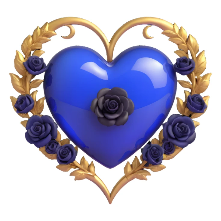 3D emoji gothic heart, midnight blue glass, silver crescent moon, tiny black roses, mysterious and rich sticker