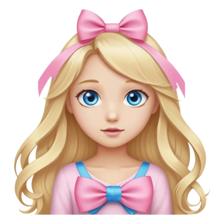 Young blonde girl, long hair, blue eyes, pink bow sticker