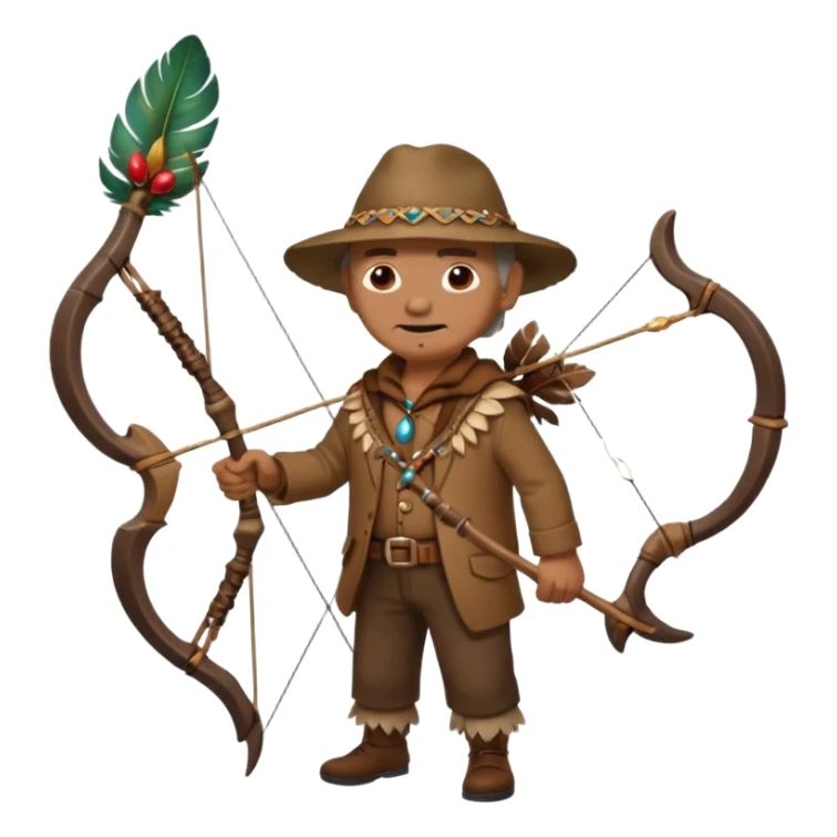 The classic image of a middle-aged uncle hunter carrying a bow, dressed in brown clothes, with some ornaments made of feathers, bones or teeth on his body. sticker