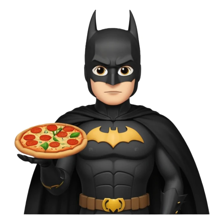 batman, wearing black ancient custome, with pizza sticker