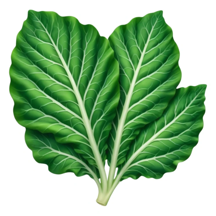 single chard leaf with broad vibrant green blades and thick white rib running down the center, slightly crinkled matte texture, natural curves, visible veins, no bunch soil or extras, soft lighting, subtle shadows, emoji scale sticker