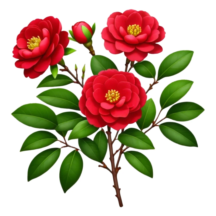 bouquet Red Camellia, luxuriant, stem, leaf, bud sticker