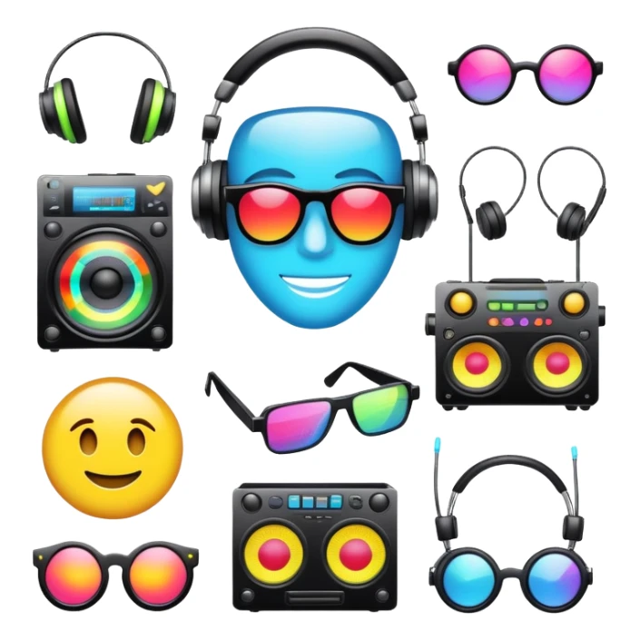 Create a unique emoji pack inspired by electronic music culture. Include emojis representing various subgenres like techno, house, drum and bass, trance, rave fashion sticker