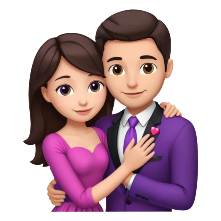 Brunette girl, with an engagement ring on her finger hugging a handsome man, (her boyfriend) both of them happy, she’s wearing a pink dress, he is wearing a black suit, he’s also a rich businessman, and there is the 💜 purple heart emoji on top. They look in love with each other.  sticker