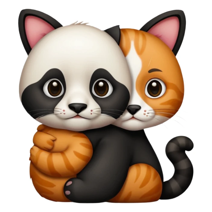 Panda hugging a  cat. The cat has 4 half its face ginger and the other half black sticker