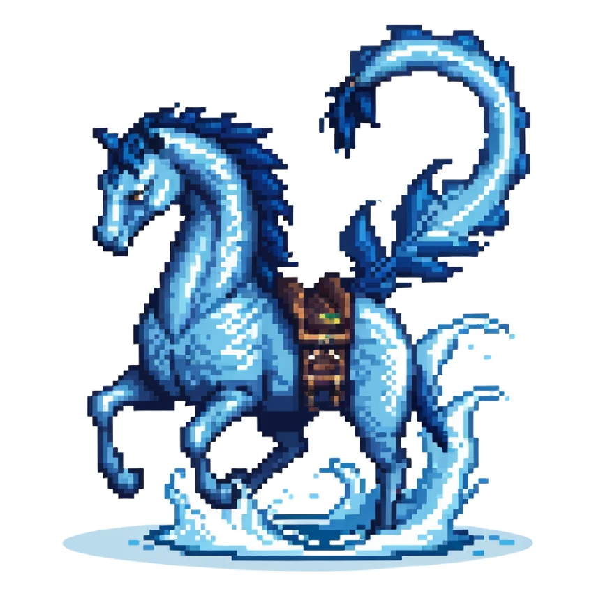 Black ninja water horse with dark blue magical water swirling around it, sharp spikes on its body, battle stance sticker