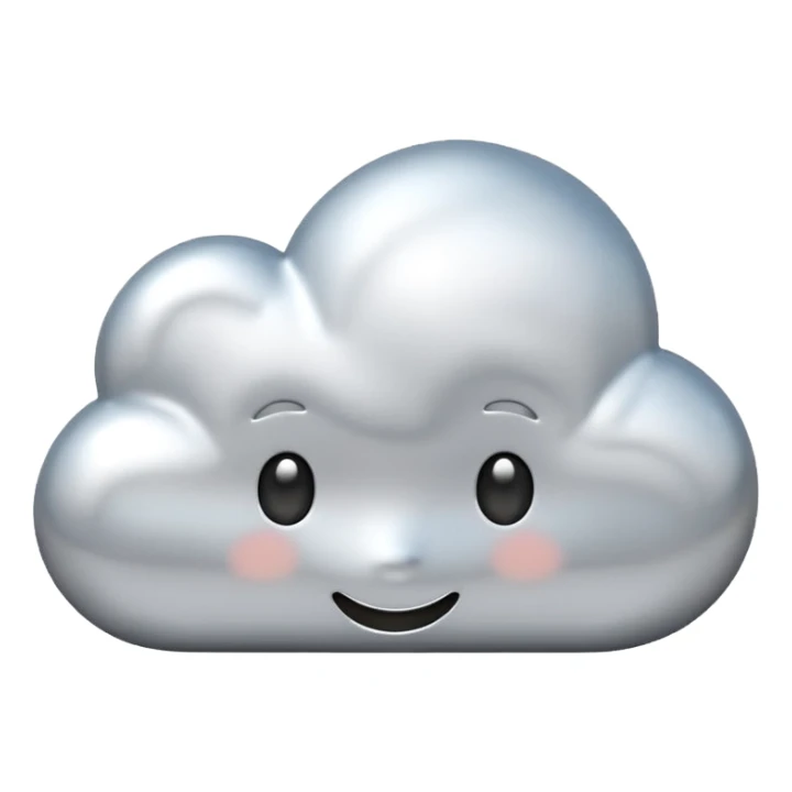 A cute cloud emoji made of silver chrome, smooth rounded shape, glossy metallic surface, soft reflections, minimal and friendly design, iOS emoji style, centered, clean white background, soft lighting sticker