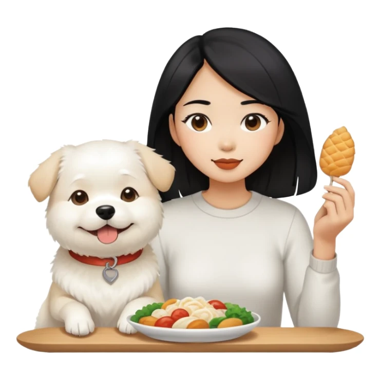 Black hair Asian woman sharing food with fluffy white dog sticker
