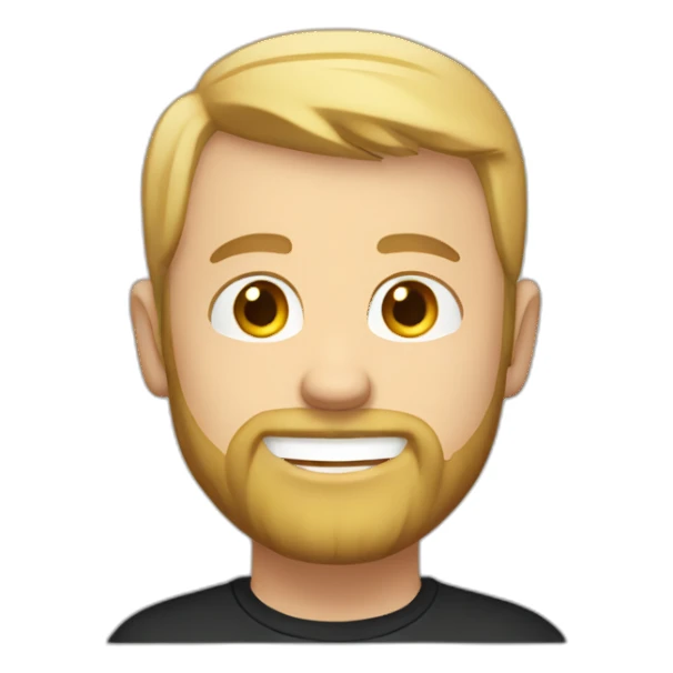 White guy, short bearded, no hair, blonde with a simple black t-shirt smiling sticker