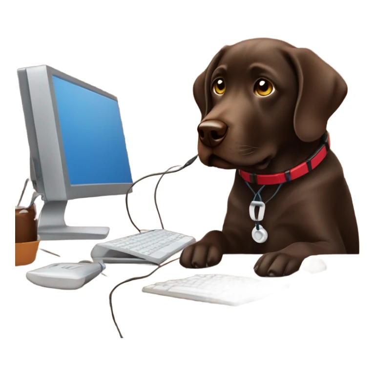 Chocolate lab working on computer with small headset , food on desk sticker