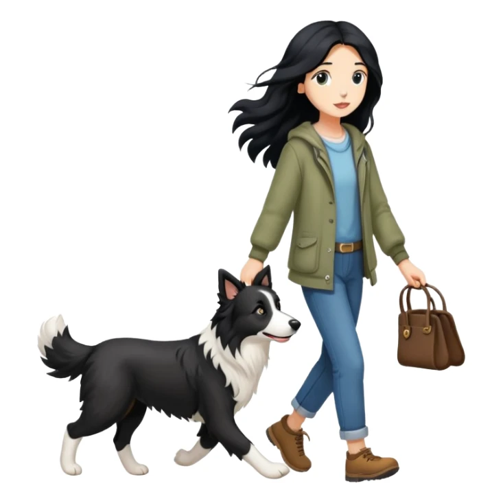 A girl with long black hair walking a Border Collie sticker