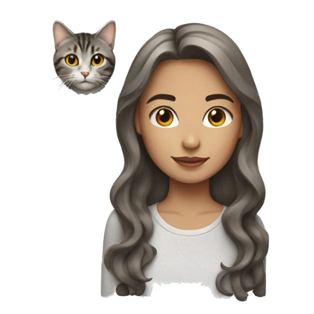 girl with brown wavy shoulder length hair with grey tabby cat sticker