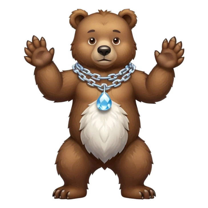 Complete full-length view of serious brown bear standing on four paws, showing entire body from nose to tail, with ice chain around neck sticker
