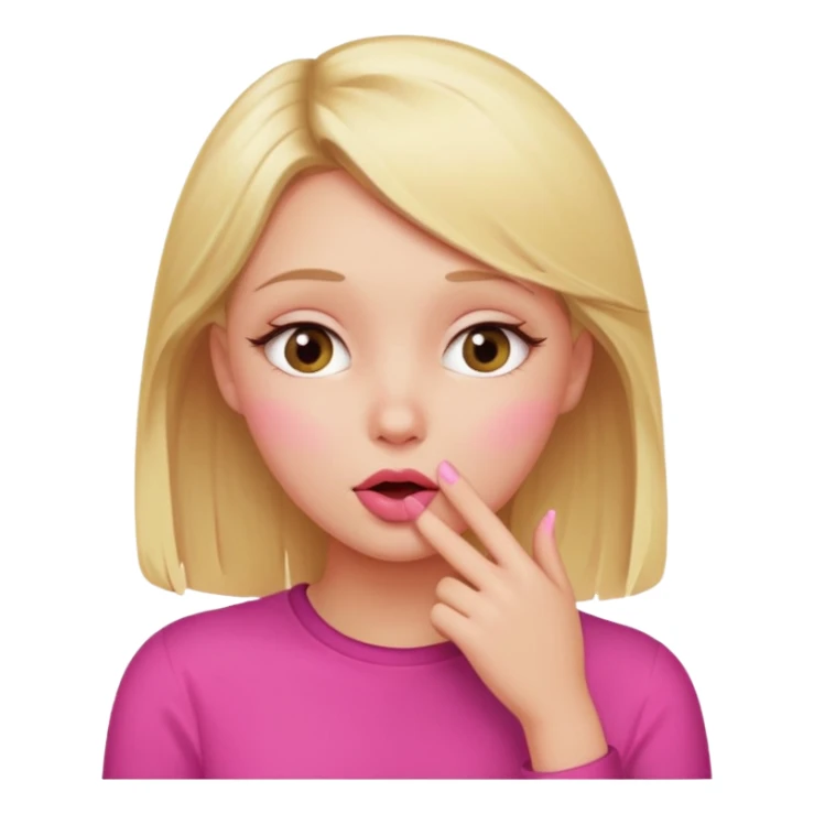 blonde girl with flushed cheeks, whispering gossip, surrounded by pink sticker