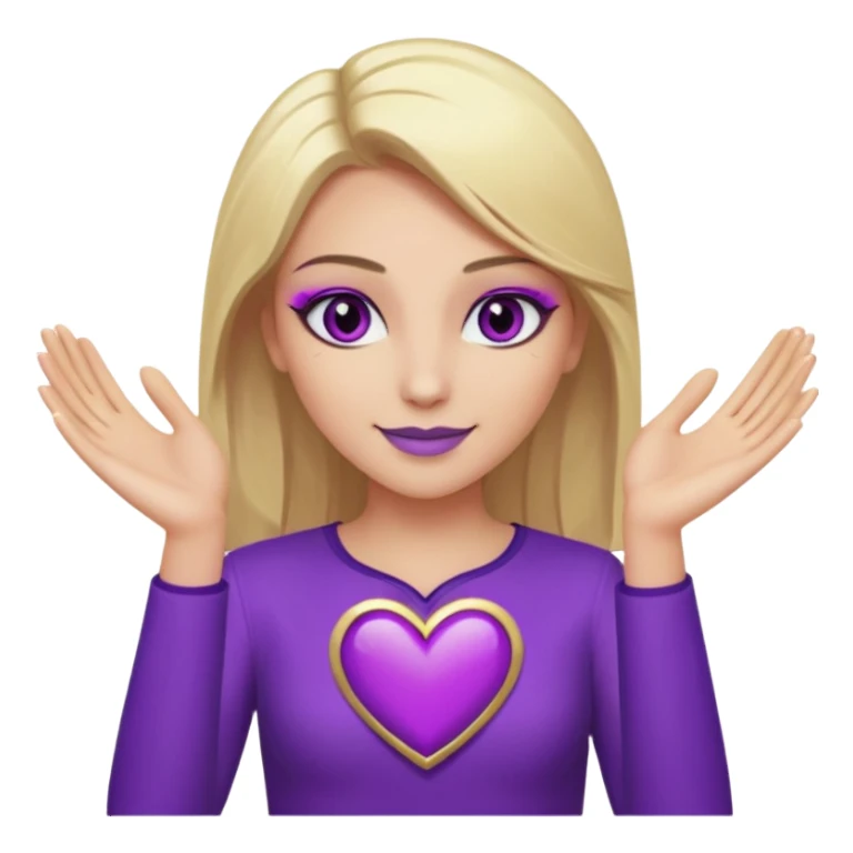 twitch emote, kinda chibi style. blonde hair: long, straight, no bangs. gray eyes. an eyebrow with a slit. purple eyeshadow/eyeliner with gold eyeshadow. only face and arms, hands visible. happy, holding a purple heart. white background. sticker
