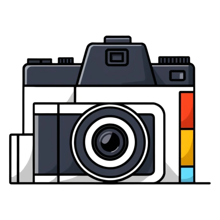 Film photography setup with camera, film rolls, and developed photos sticker