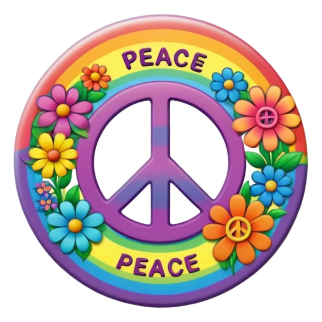 A round psychedelic colored button with the word “peace” in the center with rainbow colored hippie style flowers sticker