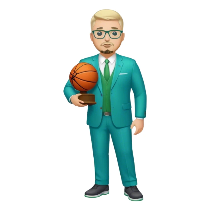 Full Body white male plus size body type  wearing glasses with a goatee with light blonde gray very short hair basketball head Coach in blue and green suit holding trophy sticker