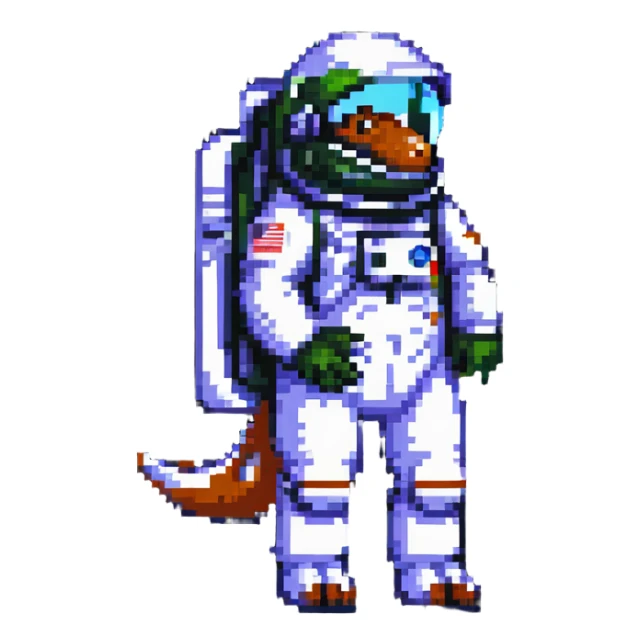 pixel art t-rex astronaut with a space helmet sticker