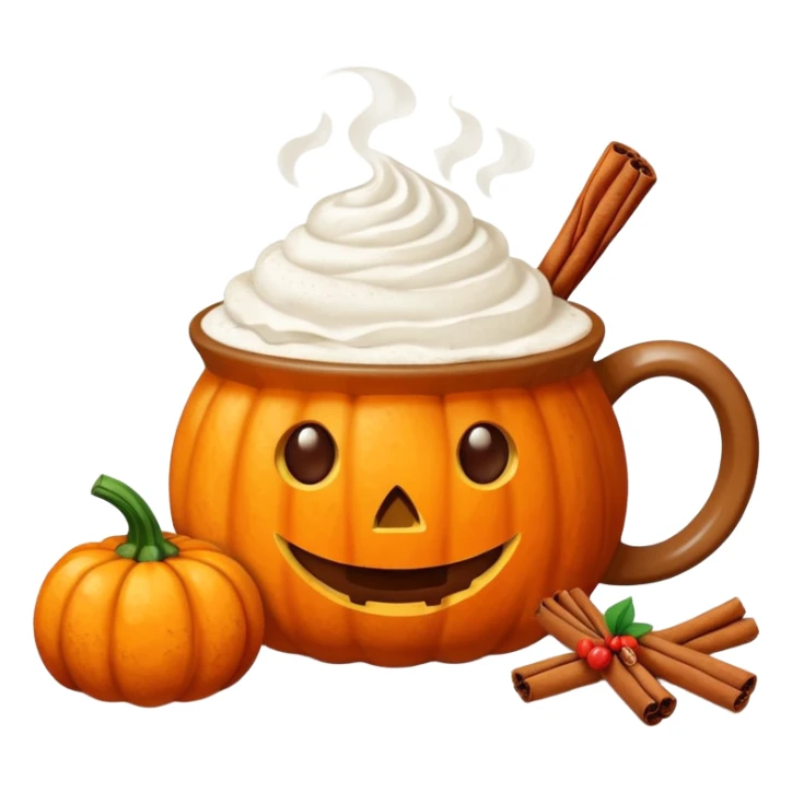 Steaming coffee Mug with whipped Cream and cinnamon Dust on Cream.  Small Punkin and 3 sticks of cinnamon next to mug sticker