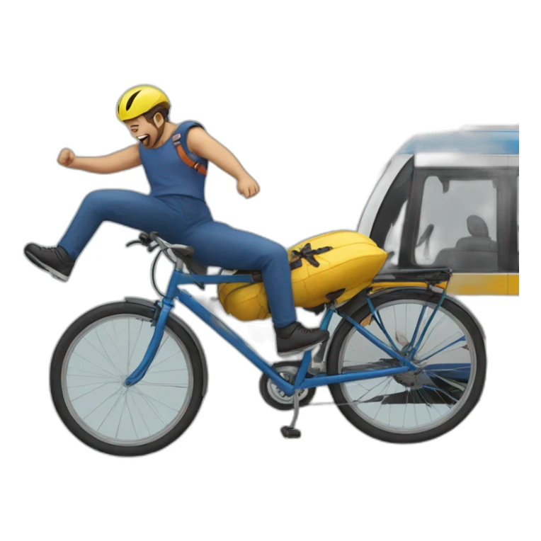 man falling off bike hits tram sticker