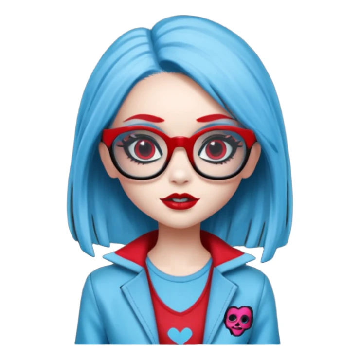 Ghoulia yelps monster high doll in scene/emo style clothes, thin, red, rectangle glasses sticker