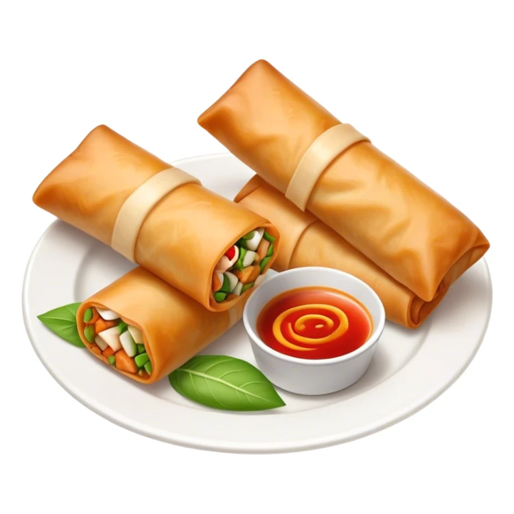Spring Rolls Cinematic Realistic Spring Rolls Dish Emoji, depicted as 2 perfectly crisp spring rolls served with dipping sauce, rendered with lifelike textures and dynamic, appetizing lighting. sticker