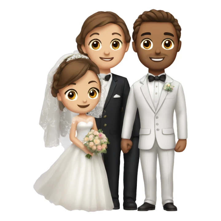 design an emoji with a bride with brown eyes and brown hair, standing next to her groom with brown hair and blue eyes sticker