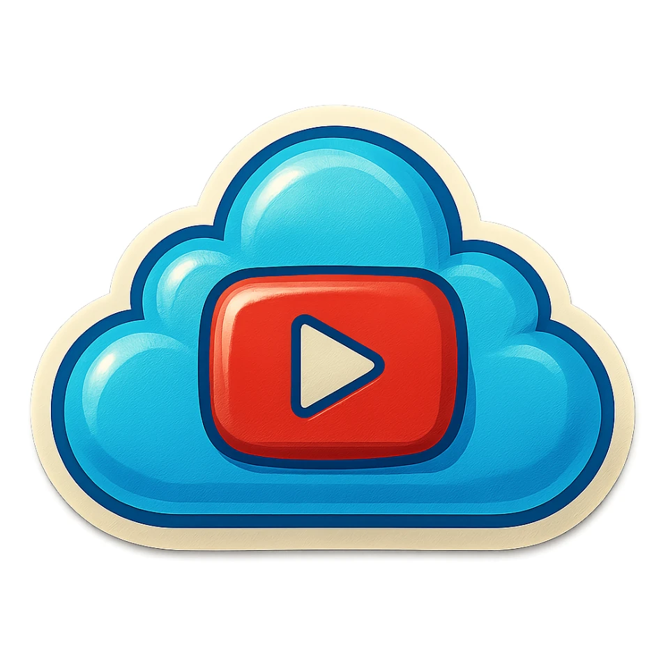 A cloud with a YouTube play button symbol inside it, representing views on YouTube, in a colorful and vibrant emoji style with a blue color scheme and a sky background sticker
