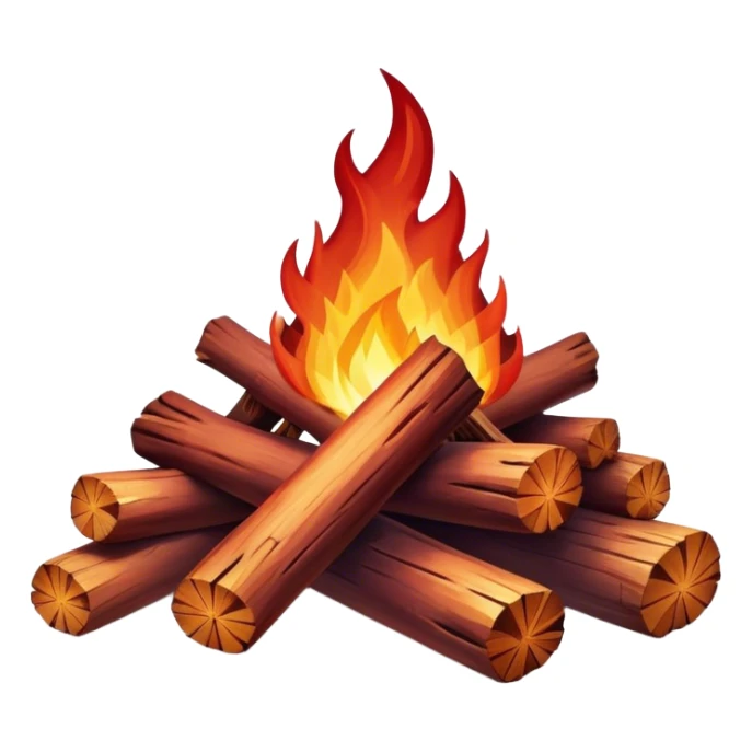 Cinematic Realistic Campfire, a roaring flame crackling atop carefully arranged logs, embers glowing deep red, golden light casting soft flickering shadows, gentle smoke drifting upwards, glowing with warmth and coziness. sticker