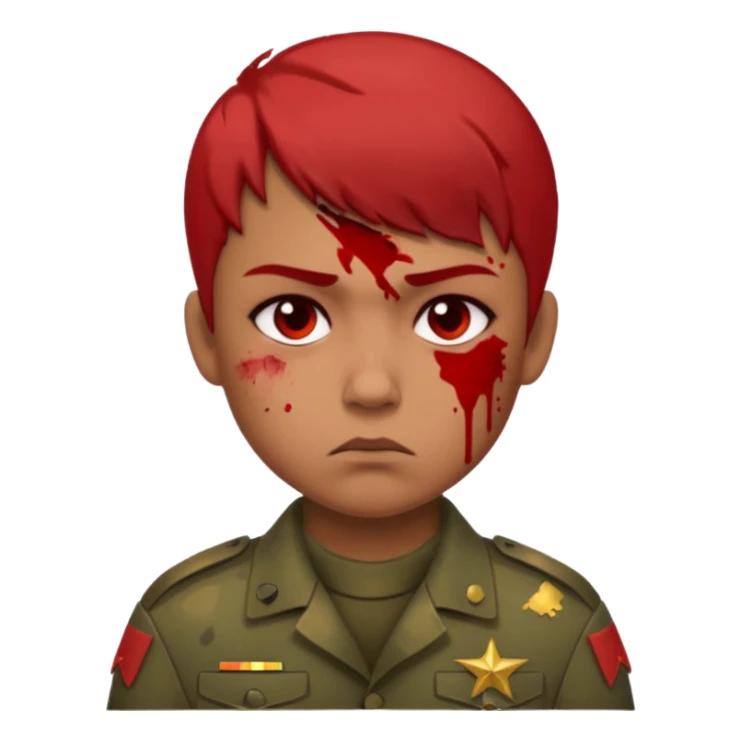 soldier, red skin tone, scowling, blood splatter on left cheek sticker