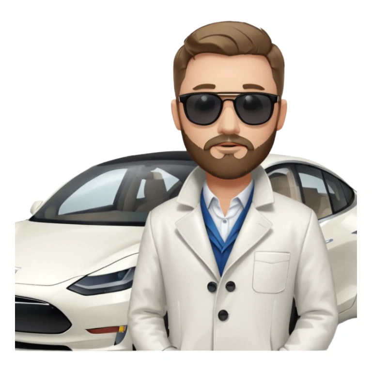White tesla model 3 with one cool physician with dark blond hair, beard and dark sunglasses next to it sticker