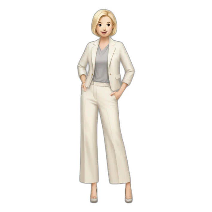 Full height Actively gesturing with hands pale skin woman with ash blonde Straightened bob Hair, White Spacious classical jacket, beige palazzo Arrow pants and gray blouse sticker