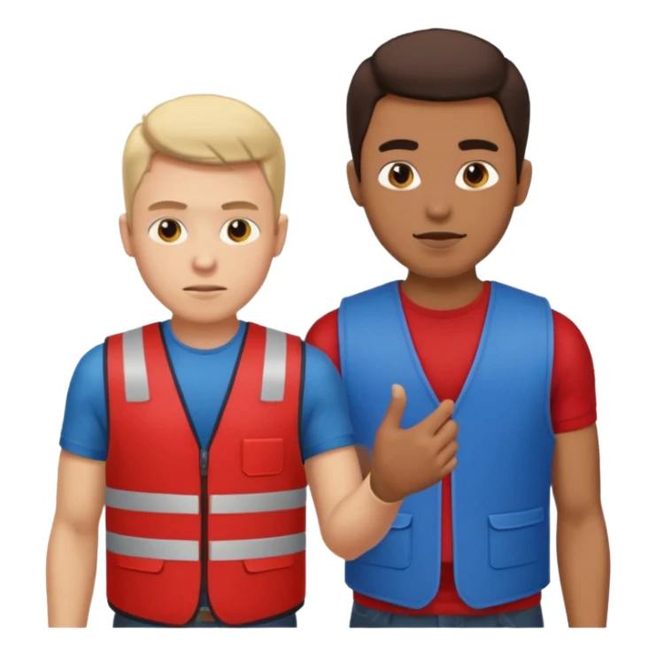 A guy with a red vest trying to tab a guy with a blue vest sticker