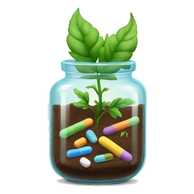 Glass jar with plant and pills as soil sticker